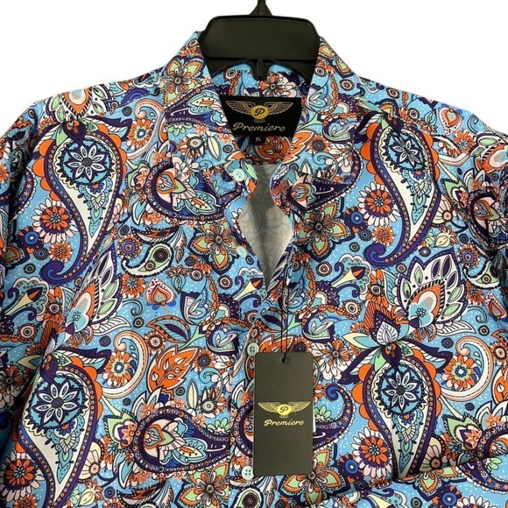 Premiere Mens XL Paisley Button Shirt Multicolor Bright Vintagecore‎ Festival